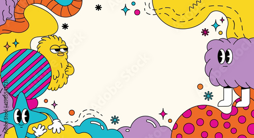 Playful and colorful retro psychedelic frame illustration with whimsical cartoon characters and abstract shapes, offering a vibrant and imaginative background for creative projects