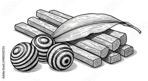 Artistic black and white illustration of striped marbles and a bundle of wood sticks with a single leaf