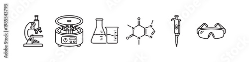 A set of minimalist line icons for scientific research, clinical laboratory testing, and chemical analysis.