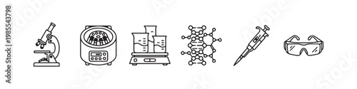 A set of minimalist line icons for scientific research, clinical laboratory testing, and chemical analysis.