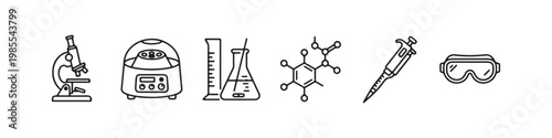 A set of minimalist line icons for scientific research, clinical laboratory testing, and chemical analysis.