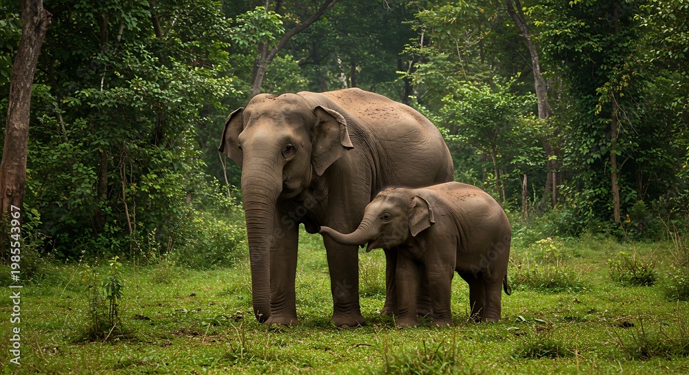 Fototapeta premium Adult Asian elephant with a young calf in a dense green tropical jungle habitat