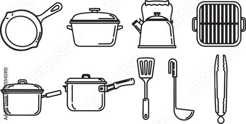 Various vintage cooking utensils and pots used for traditional meal preparation Vector