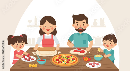 Happy family making homemade pizza together in the kitchen illustration: mother rolling dough father adding sauce children topping pizza