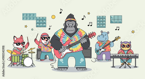 Hippie animal band playing music with gorilla guitarist fox drummer hippo bassist and owl keyboardist cartoon style on bright background