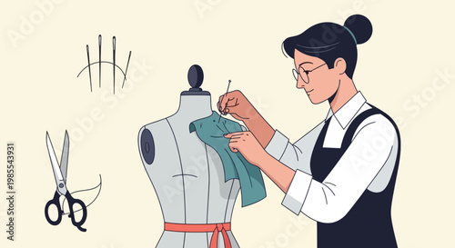 Illustrator art of a tailor fitting fabric on a mannequin with sewing kit accessories in soft warm light; dressmaking and garment design