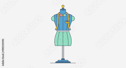 Illustration of a tailor's mannequin with a tape measure colorful design elements and sewing tools in a fashion studio setting