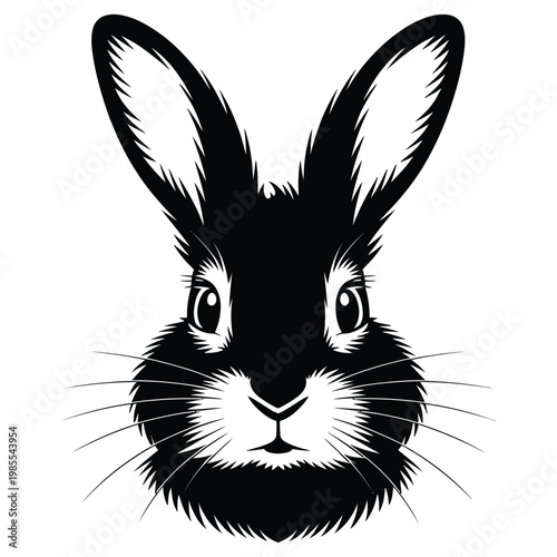 A striking black rabbit head illustration with detailed features a bold graphic silhouette
