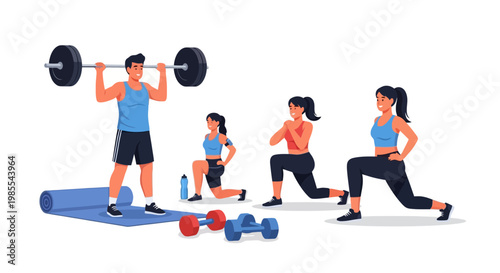 Man lifting barbell overhead and women doing lunges during group workout vector illustration in fitness studio; exercising for strength