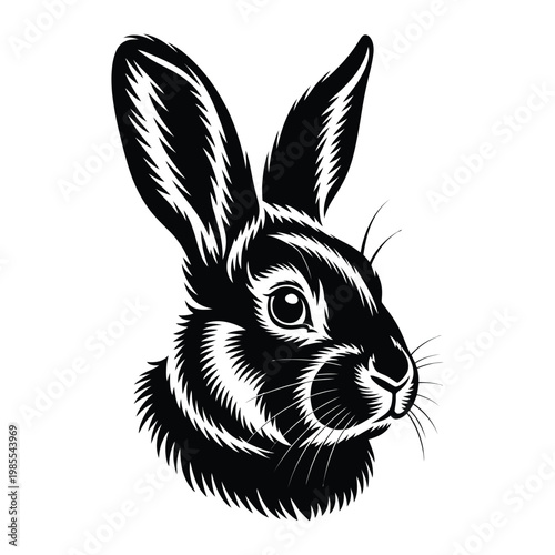 Detailed portrait of a rabbit s head and neck rendered in a striking black silhouette