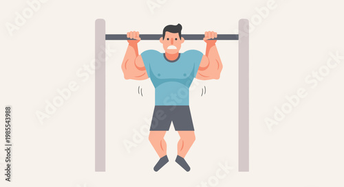 Muscular man struggling to do a pull-up exercise on a gray horizontal bar in a flat vector style against a neutral backdrop