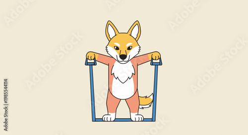 Shiba Inu Dog Working Out with Chest Expander in Cartoon Style Illustration on Beige Background for Fitness and Health Content