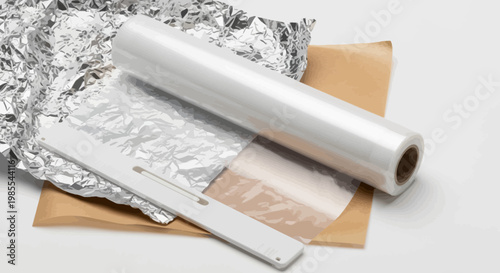 Roll of clear plastic food wrap and crumpled aluminum foil with box and slide cutter kitchen storage containers in cartoon style illustration