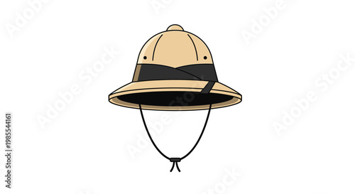 A cartoon illustration of a pith helmet with a dark ribbon
