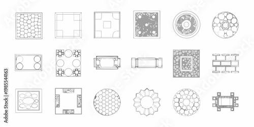 Assorted architectural plan views of rugs manhole covers and decorative elements
