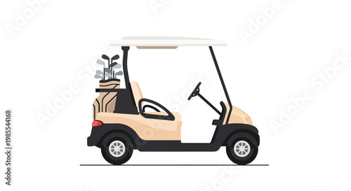 A simplified illustration of a beige golf cart with clubs