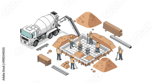 Construction site illustration shows concrete pouring and foundation work in progress