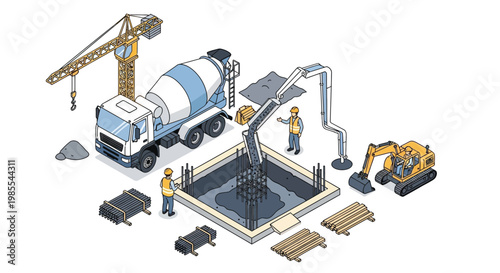 Isometric illustration of a construction site with machinery and workers