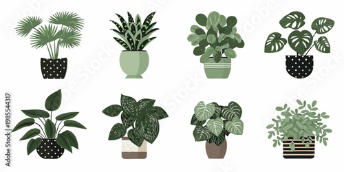 Collection of stylized potted houseplants in varying shades of green