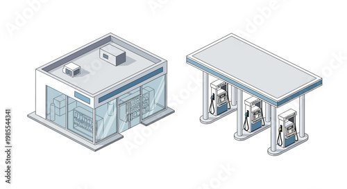 Isometric illustration depicting a gas station and convenience store building