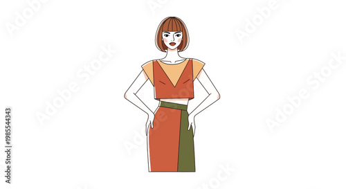 Stylish woman in color block outfit illustration: modern fashion with geometric top and skirt bold colors clean lines and trendy bob haircut