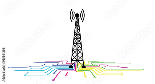 A black cell tower stands above colorful circuit board pathways