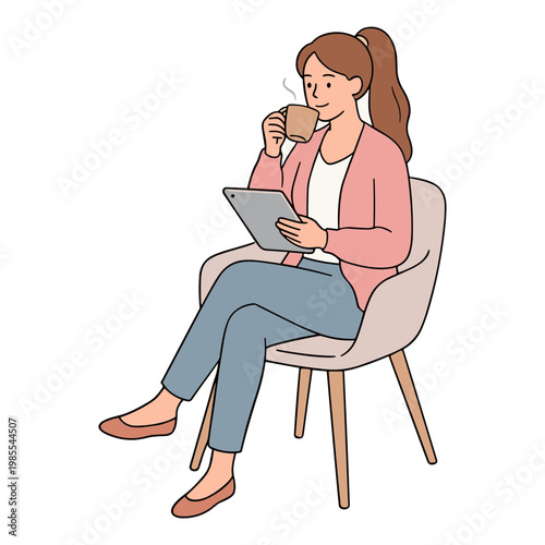 A woman sits on a chair reading a tablet and drinking coffee.