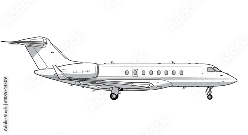 Line drawing of a modern private jet in a side profile view
