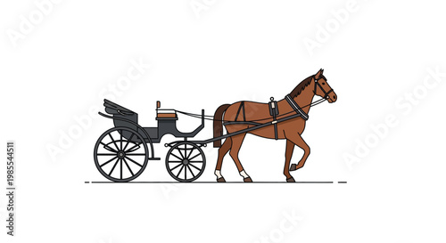A brown horse pulling a black carriage in a simple illustration