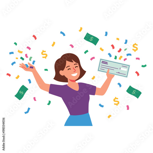 Woman celebrates winning big with confetti and money around her happily holding a large check