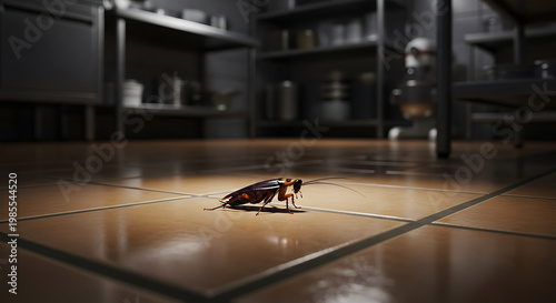 Large Brown Cockroach Crawling on a Tiled Floor in a Commercial Kitchen at Night