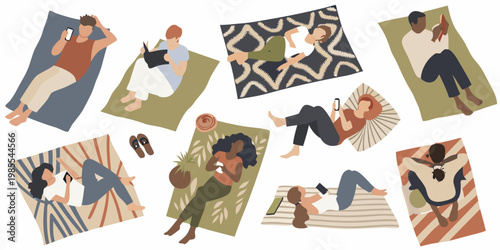 People relaxing on colorful blankets enjoying a warm summer day outdoors