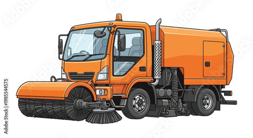 Orange street sweeper truck illustration with rotating brushes and detailed design