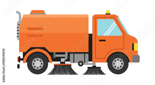 Orange street sweeper truck with rotating brushes side view illustration