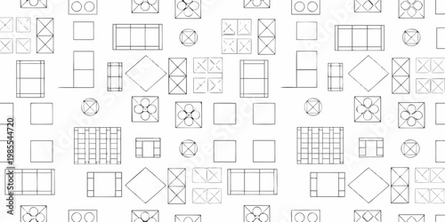 Abstract arrangement of geometric shapes in black lines on white background