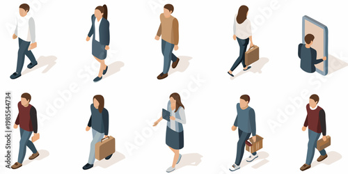 Isometric illustration depicting diverse people walking with briefcases