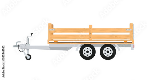 Illustration of a two wheeled utility trailer with a wooden bed