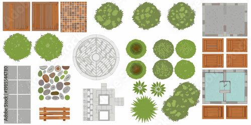 Overhead view of various garden and landscaping elements arranged neatly