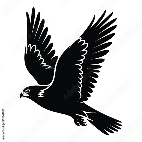 A striking black silhouette of an eagle in mid flight wings powerfully extended silhouette