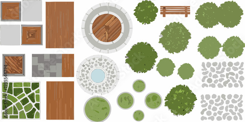 Aerial view of various park elements arranged on a white background