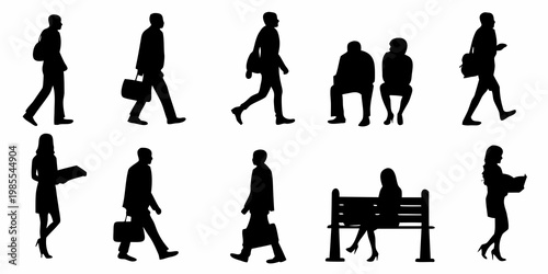 Silhouettes of people walking sitting and commuting in a city