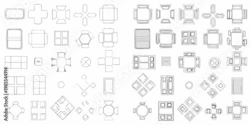 Overhead view of various furniture arrangements and room layouts
