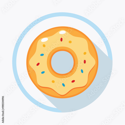 Sweet yellow donut with colorful sprinkles on a white plate, a delicious treat