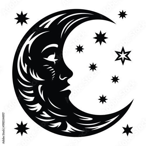 A striking crescent moon forms a woman s face accented by scattered stars silhouette