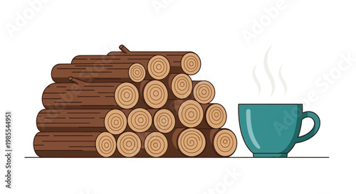 Stacked firewood logs beside a steaming teal colored mug of warmth