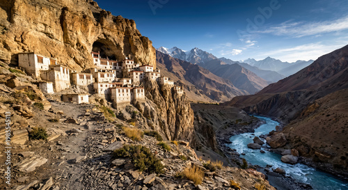 Phugtal Monastery built into cliff above river in Zanskar valley