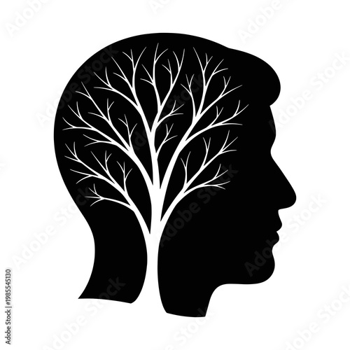 Silhouette of human head with growing tree branches inside. Vector icon for mental health, psychology, anxiety relief, mindfulness, and inner peace.