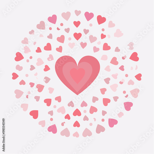 Circular array of charming pink and red hearts with a prominent central heart, symbolizing love and affection