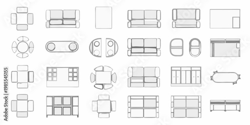 Architectural floor plan view of various furniture items and room layouts