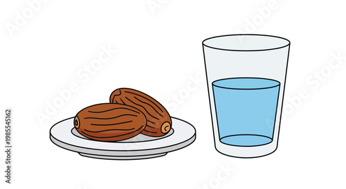 Three dates on a plate with a glass of water nearby